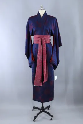 Vintage Blue Maroon Floral Silk Kimono Robe