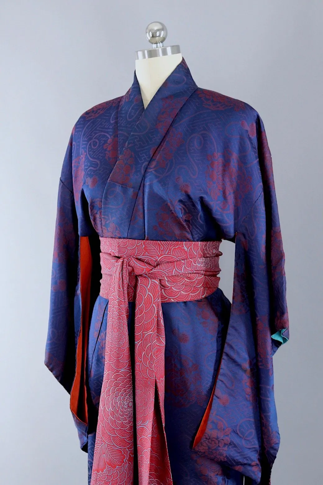 Vintage Blue Maroon Floral Silk Kimono Robe