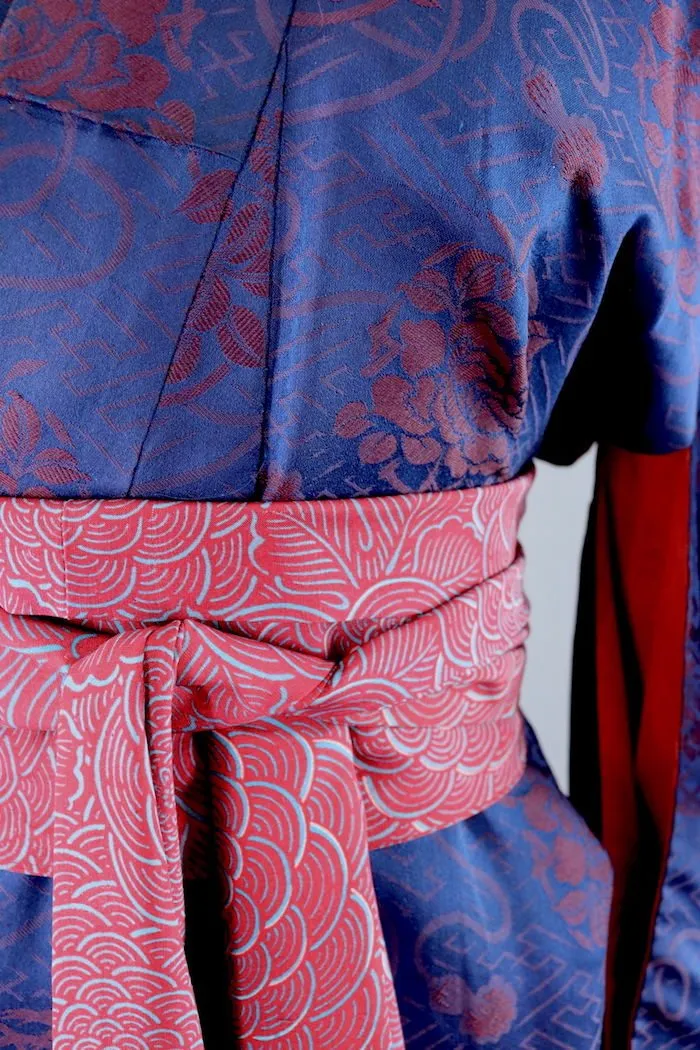 Vintage Blue Maroon Floral Silk Kimono Robe