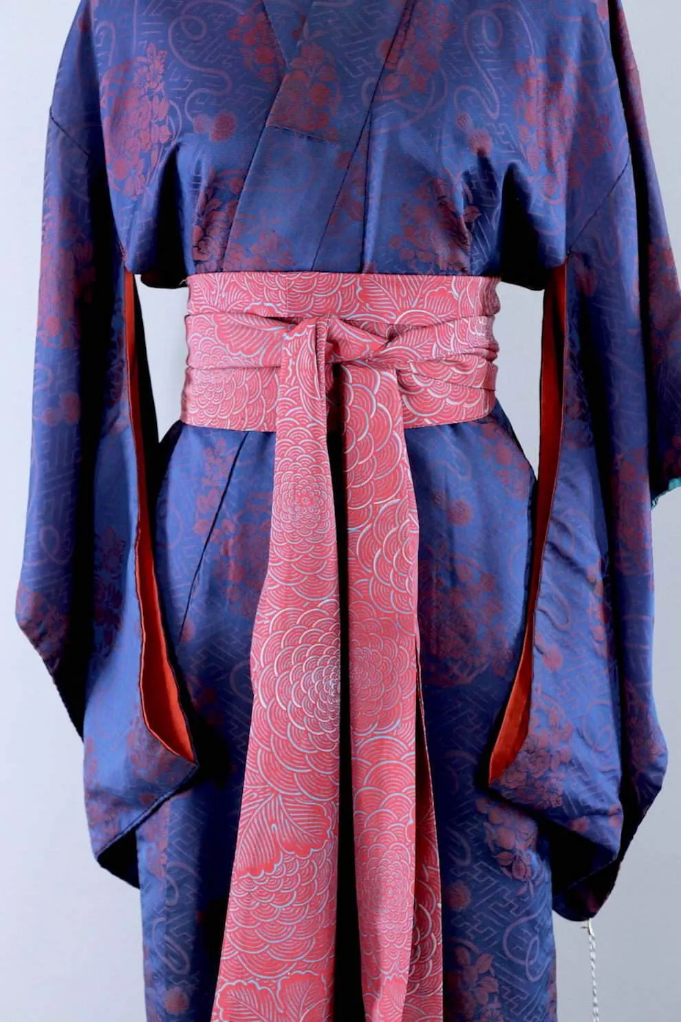 Vintage Blue Maroon Floral Silk Kimono Robe