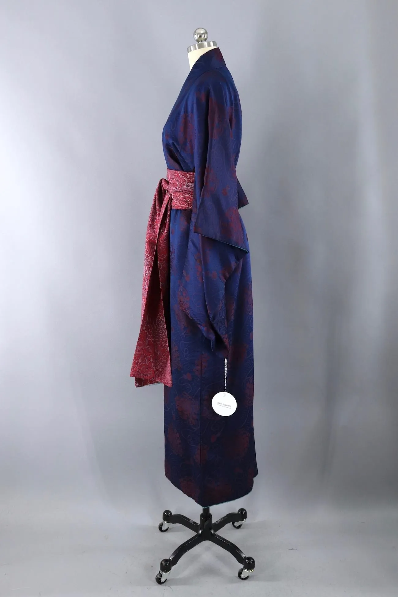 Vintage Blue Maroon Floral Silk Kimono Robe