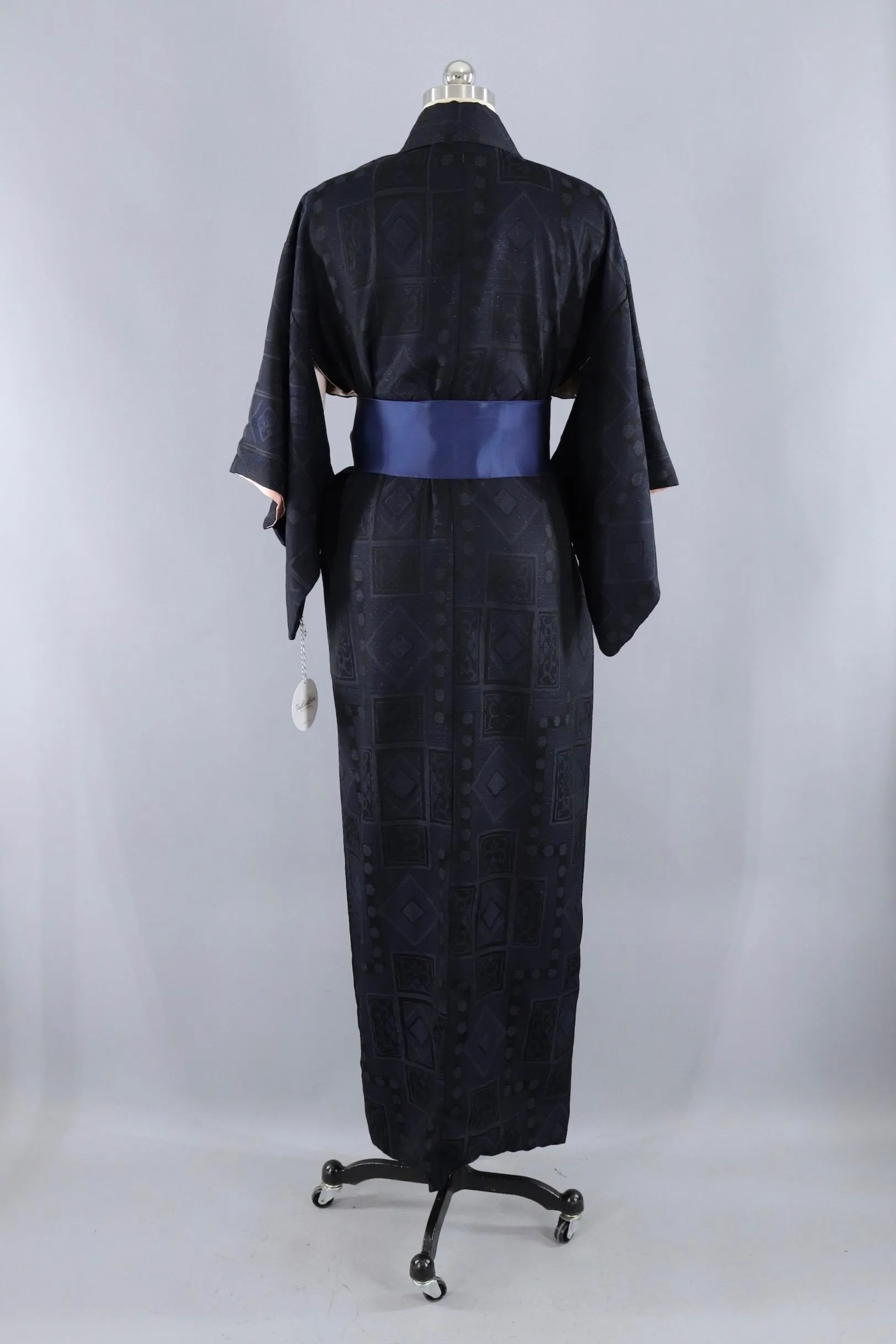 Vintage Silk Kimono Robe / Black and Blue Metallic Omeshi