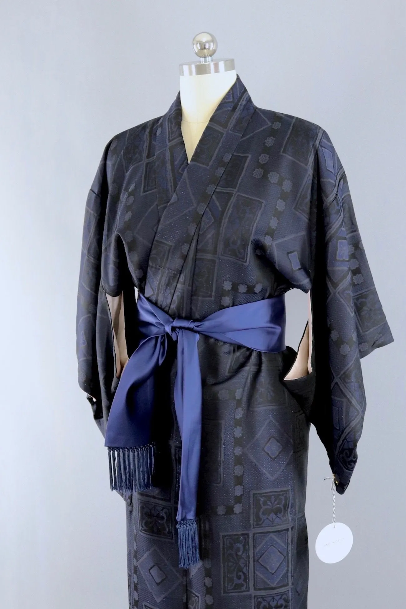 Vintage Silk Kimono Robe / Black and Blue Metallic Omeshi