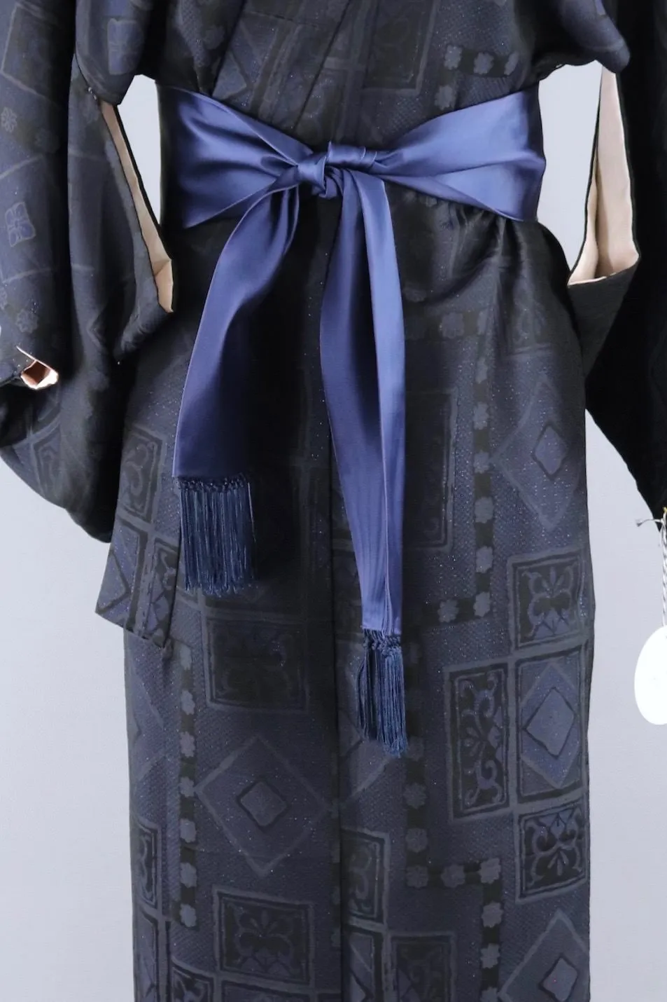 Vintage Silk Kimono Robe / Black and Blue Metallic Omeshi