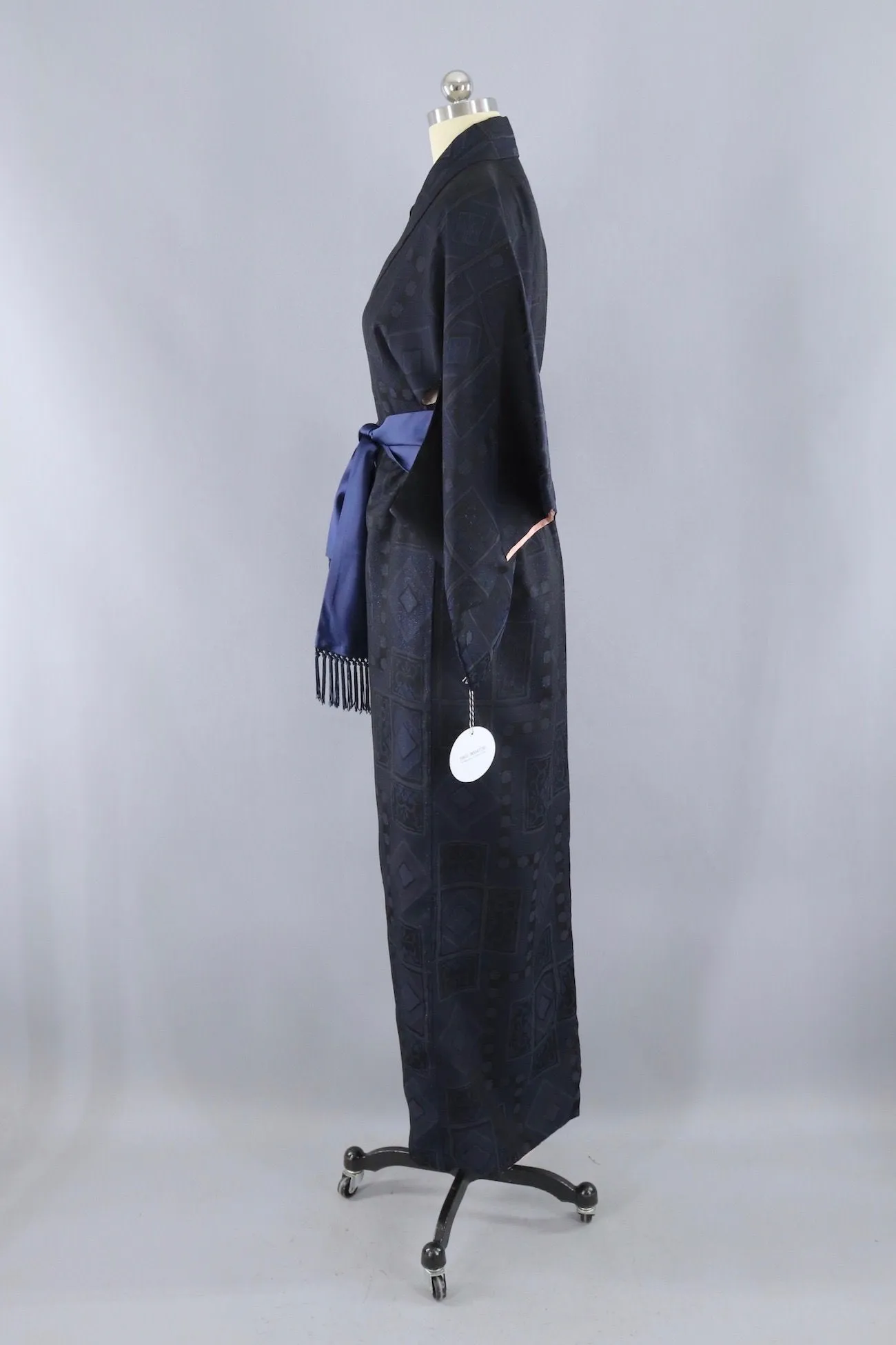 Vintage Silk Kimono Robe / Black and Blue Metallic Omeshi