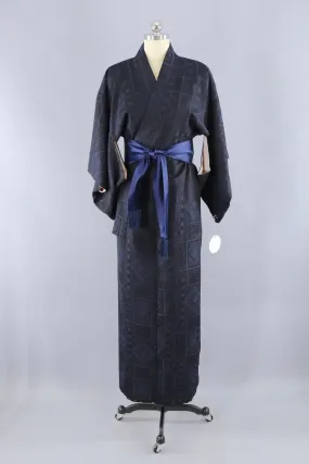 Vintage Silk Kimono Robe / Black and Blue Metallic Omeshi