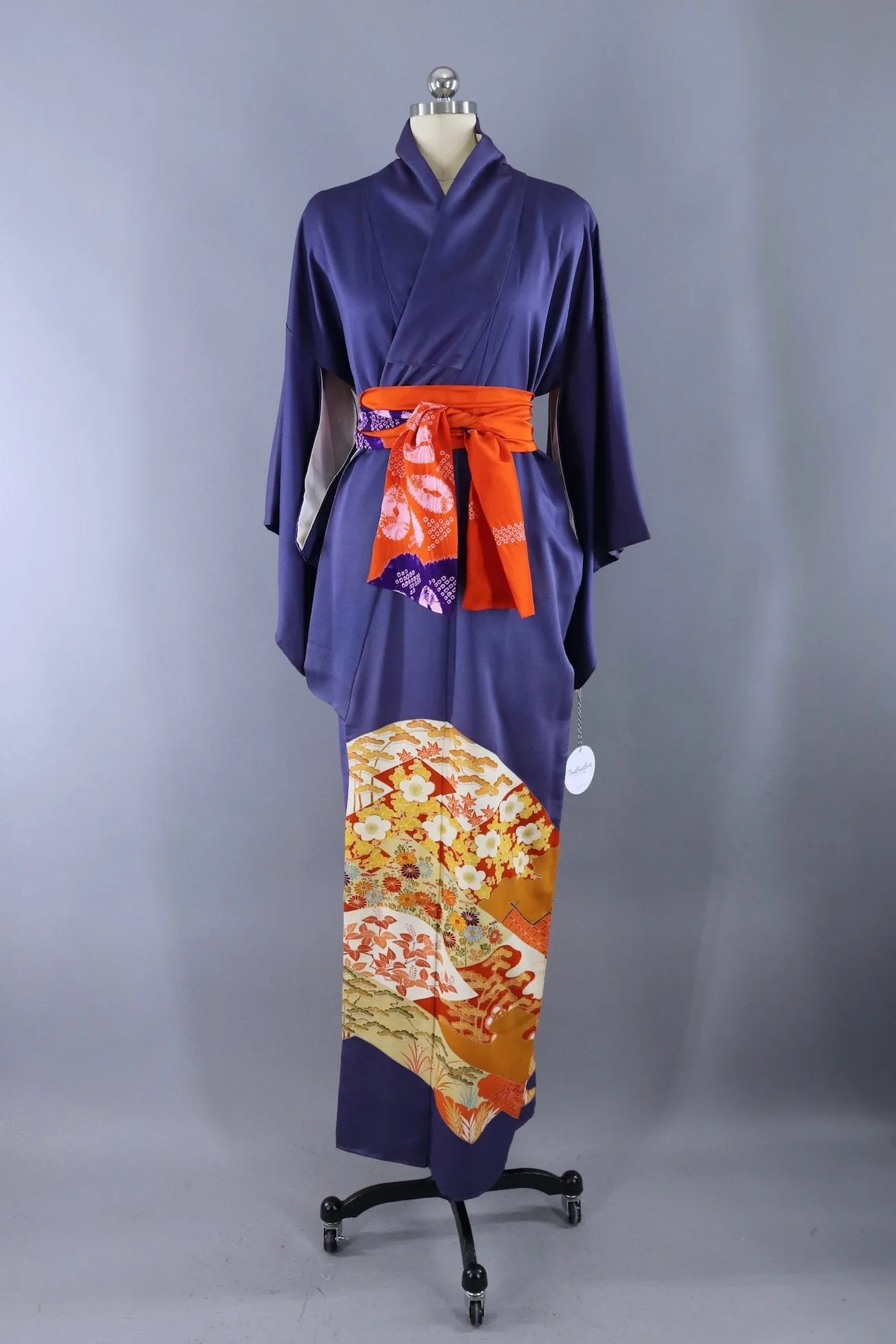 Vintage Silk Kimono Robe / Blue and Orange Floral