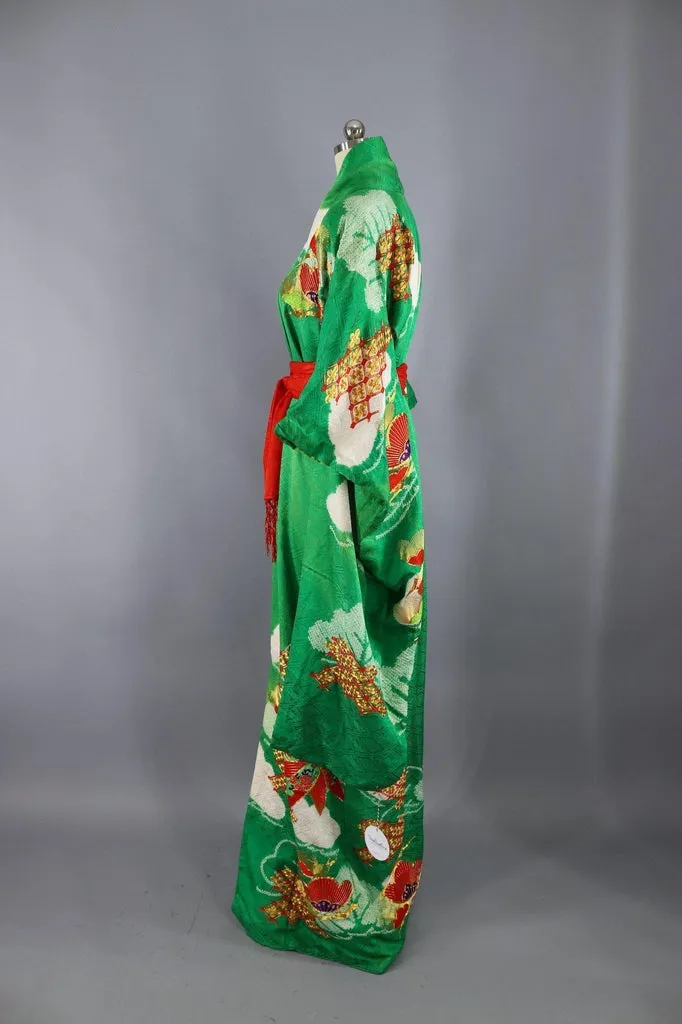 Vintage Silk Kimono Robe Furisode / Kelly Green with Gold and Red Embroidery