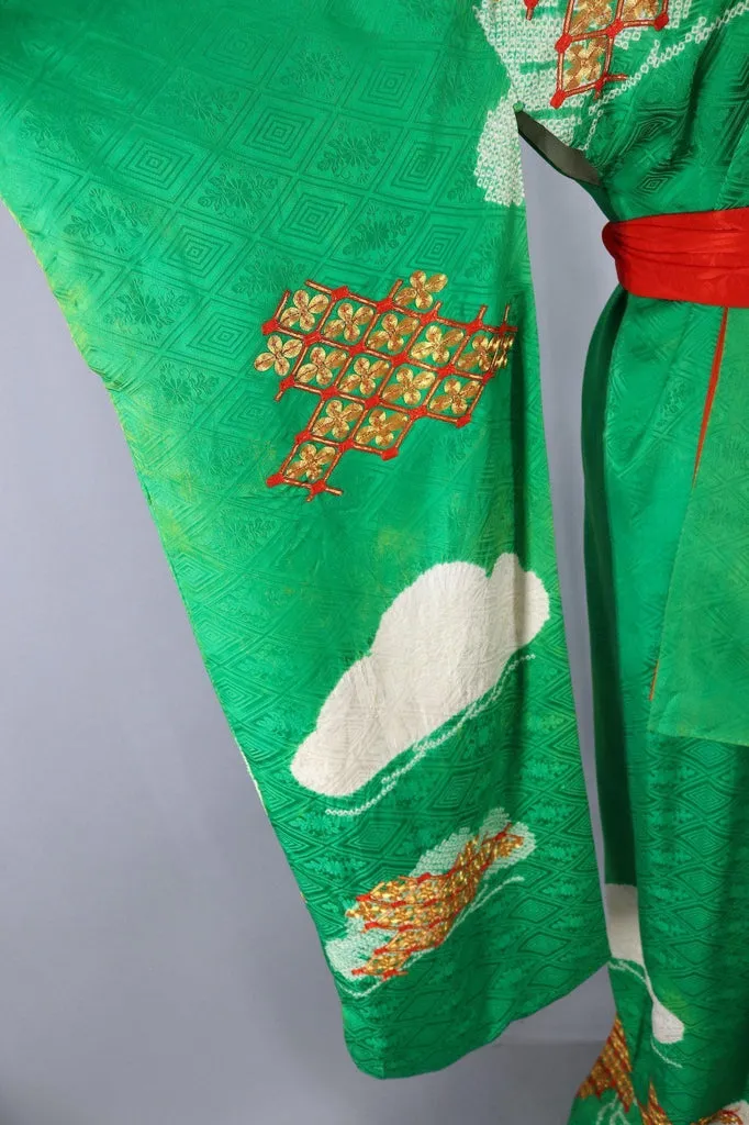 Vintage Silk Kimono Robe Furisode / Kelly Green with Gold and Red Embroidery