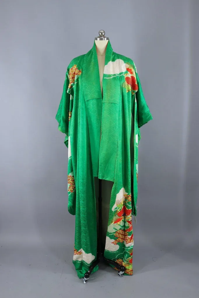 Vintage Silk Kimono Robe Furisode / Kelly Green with Gold and Red Embroidery