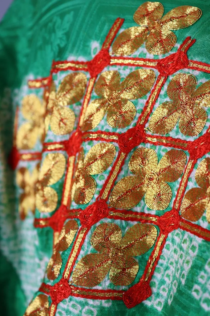 Vintage Silk Kimono Robe Furisode / Kelly Green with Gold and Red Embroidery