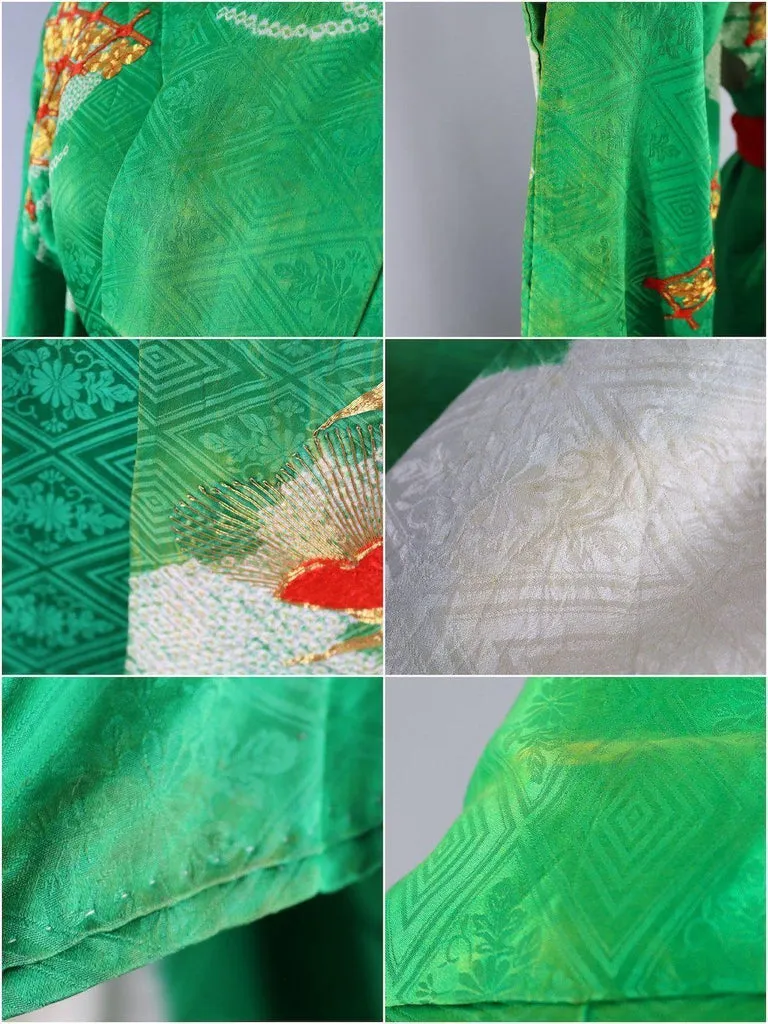 Vintage Silk Kimono Robe Furisode / Kelly Green with Gold and Red Embroidery