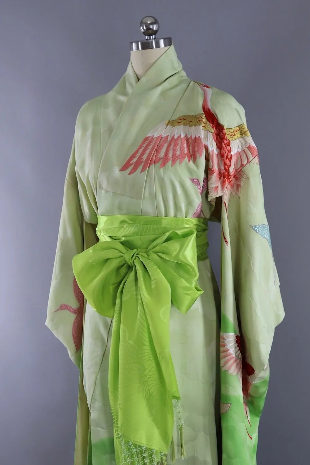 Vintage Silk Kimono Robe / Lime Green Embroidered Flying Cranes