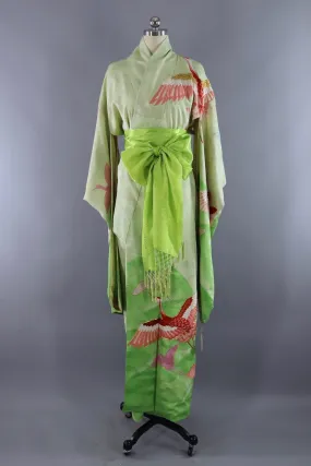 Vintage Silk Kimono Robe / Lime Green Embroidered Flying Cranes