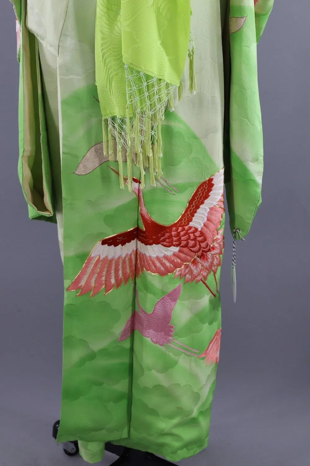 Vintage Silk Kimono Robe / Lime Green Embroidered Flying Cranes