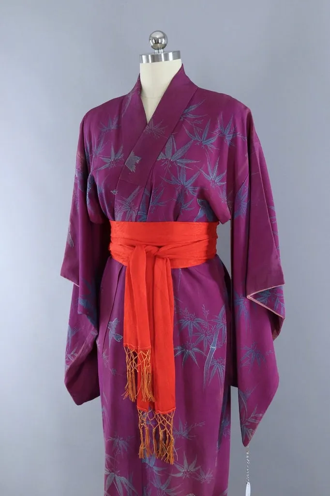 Vintage Silk Kimono Robe / Purple Bluebirds