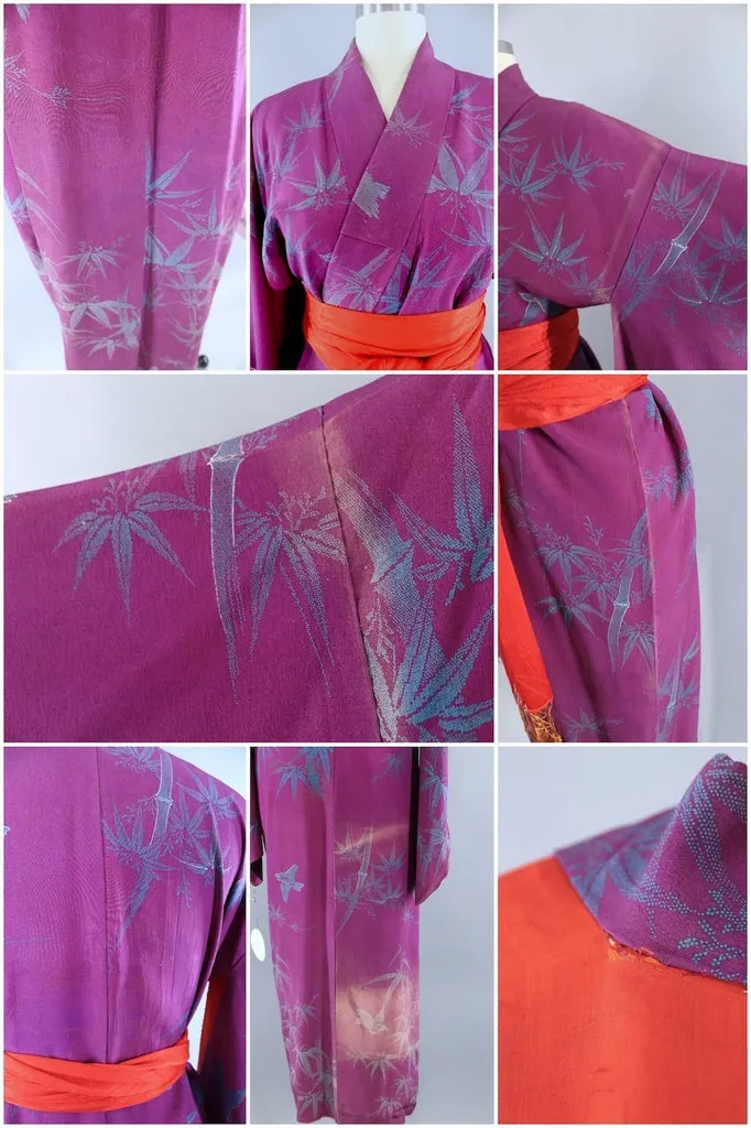 Vintage Silk Kimono Robe / Purple Bluebirds