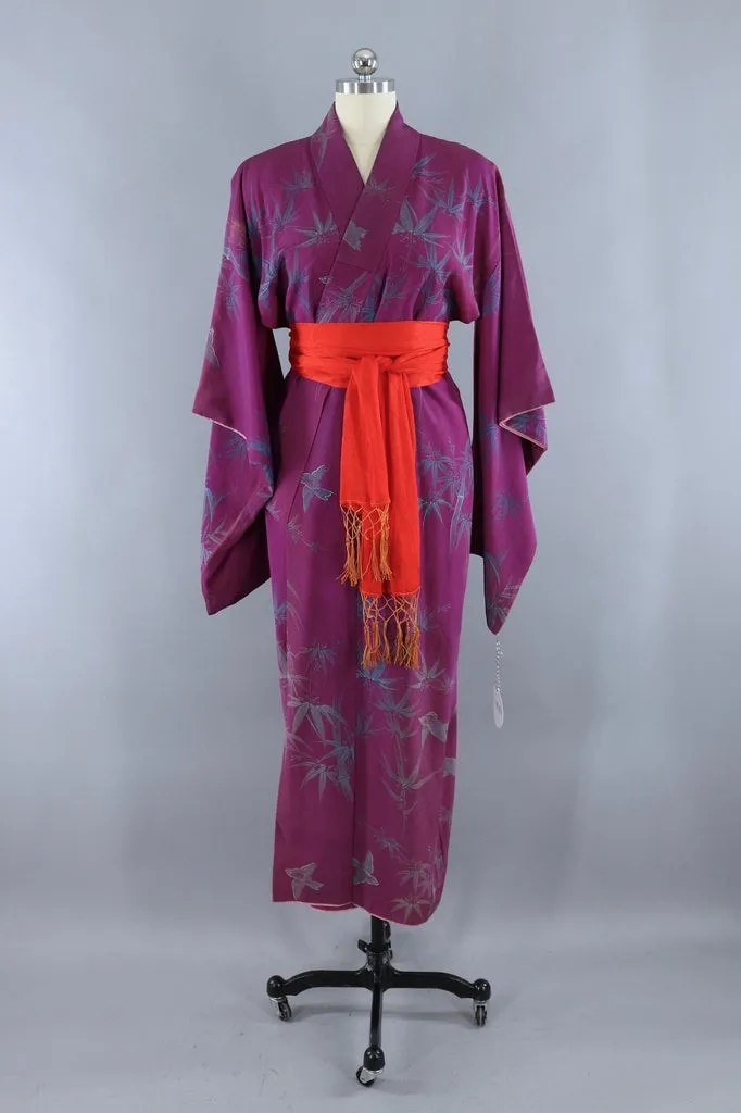 Vintage Silk Kimono Robe / Purple Bluebirds