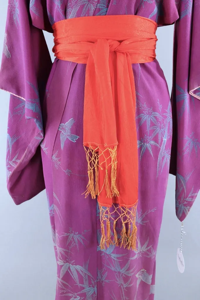 Vintage Silk Kimono Robe / Purple Bluebirds