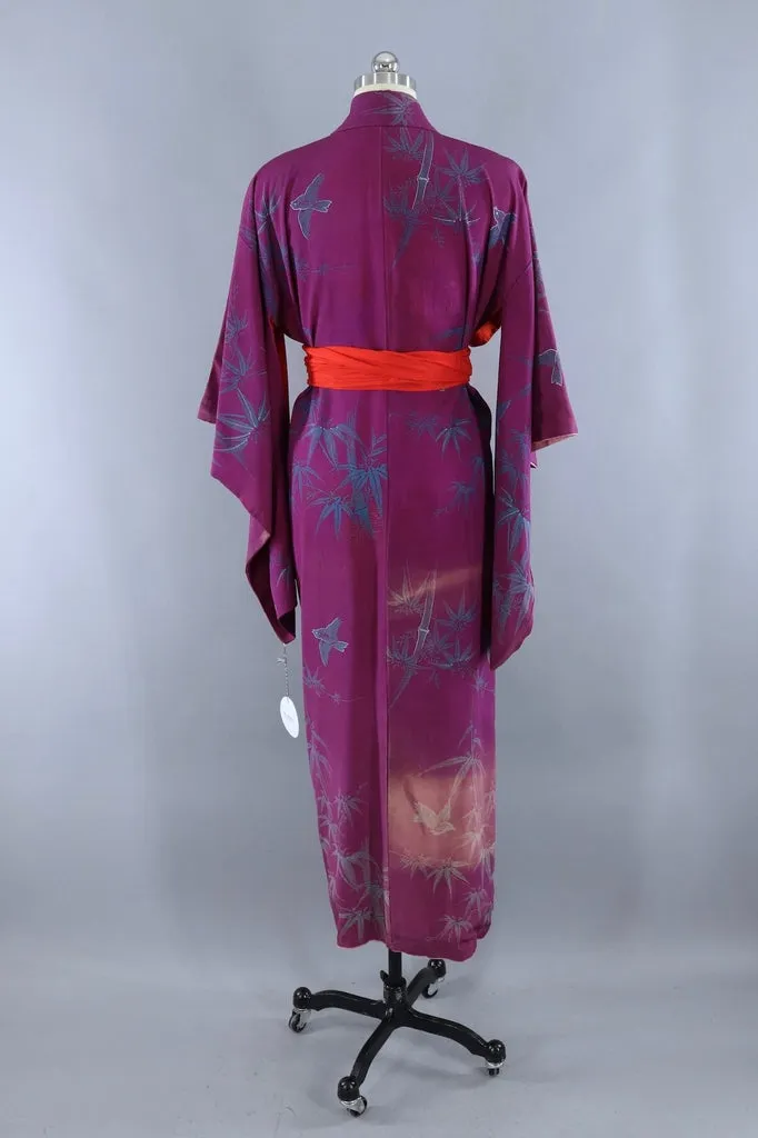 Vintage Silk Kimono Robe / Purple Bluebirds