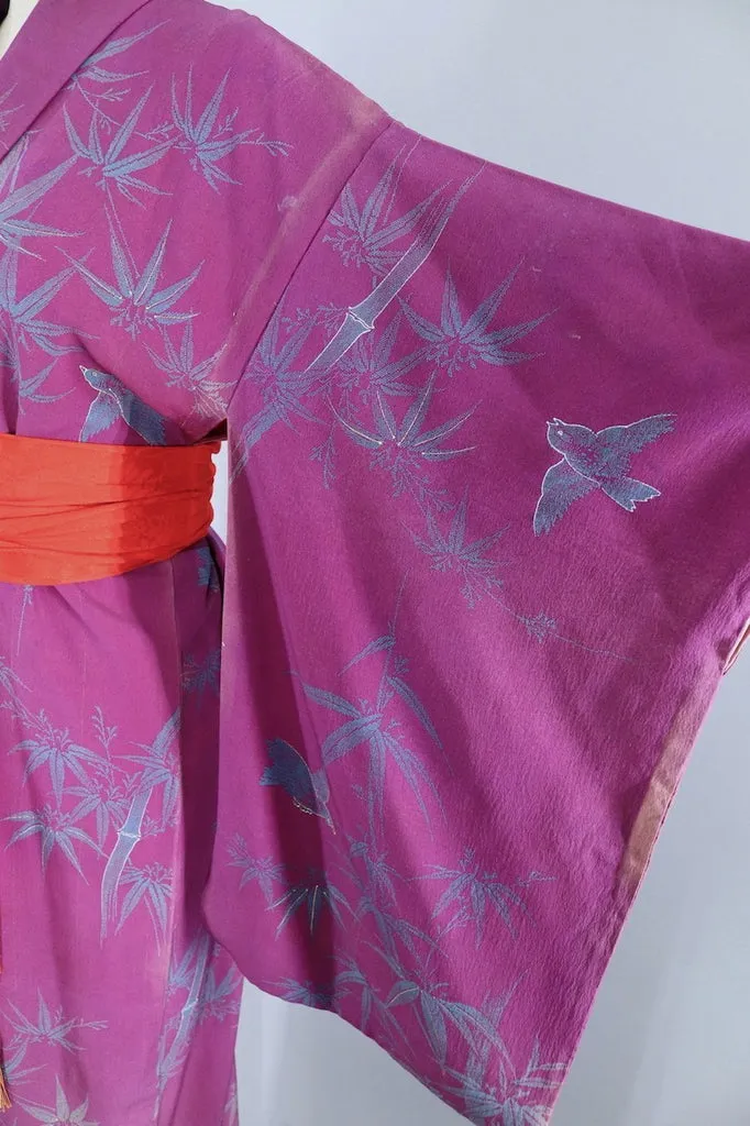 Vintage Silk Kimono Robe / Purple Bluebirds