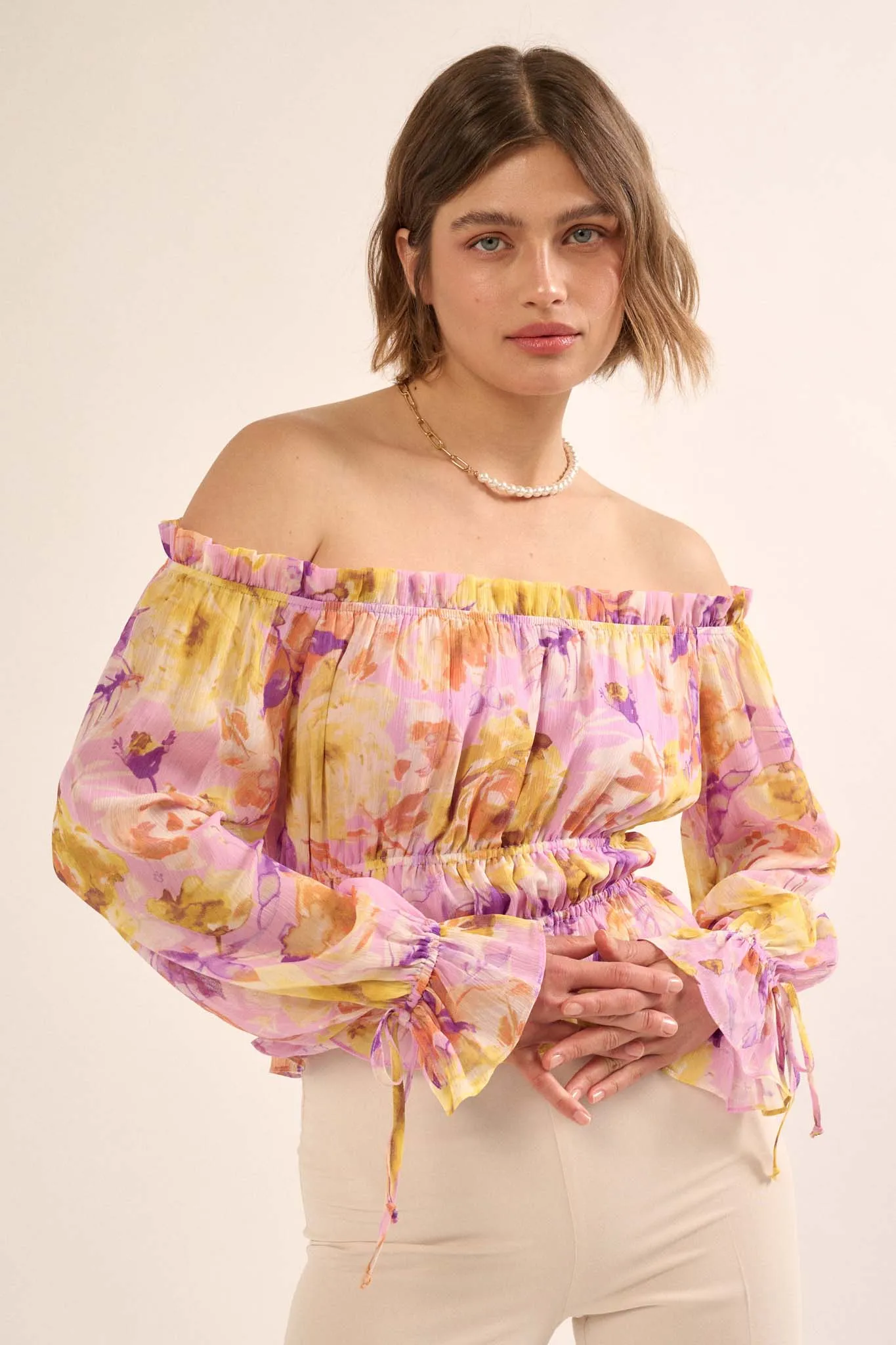 Violet Hour Floral Chiffon Off-Shoulder Peasant Top