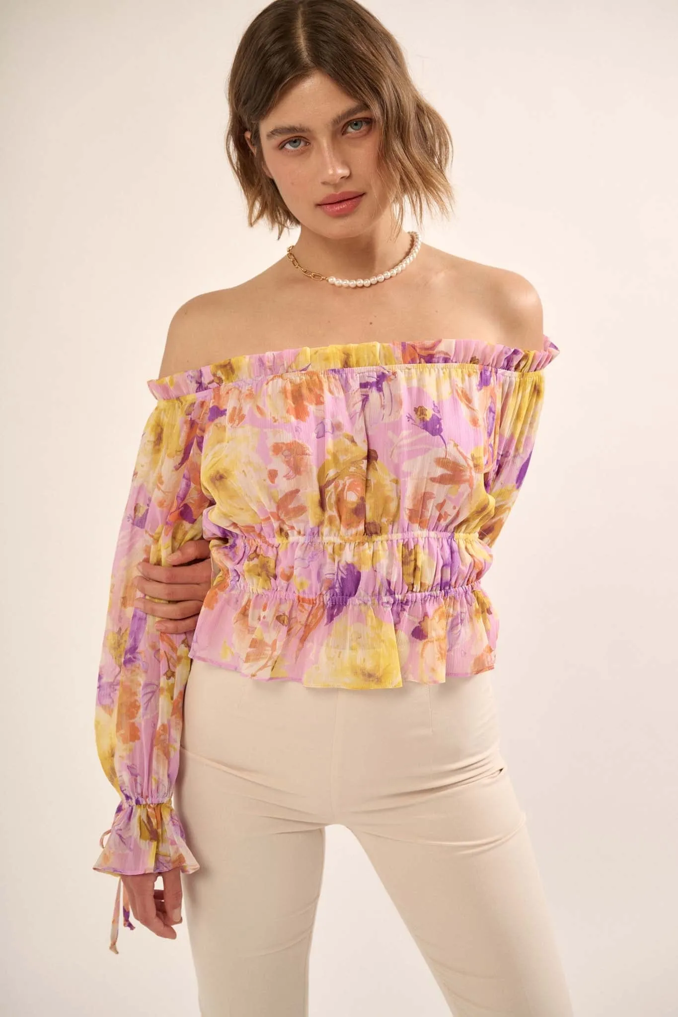 Violet Hour Floral Chiffon Off-Shoulder Peasant Top