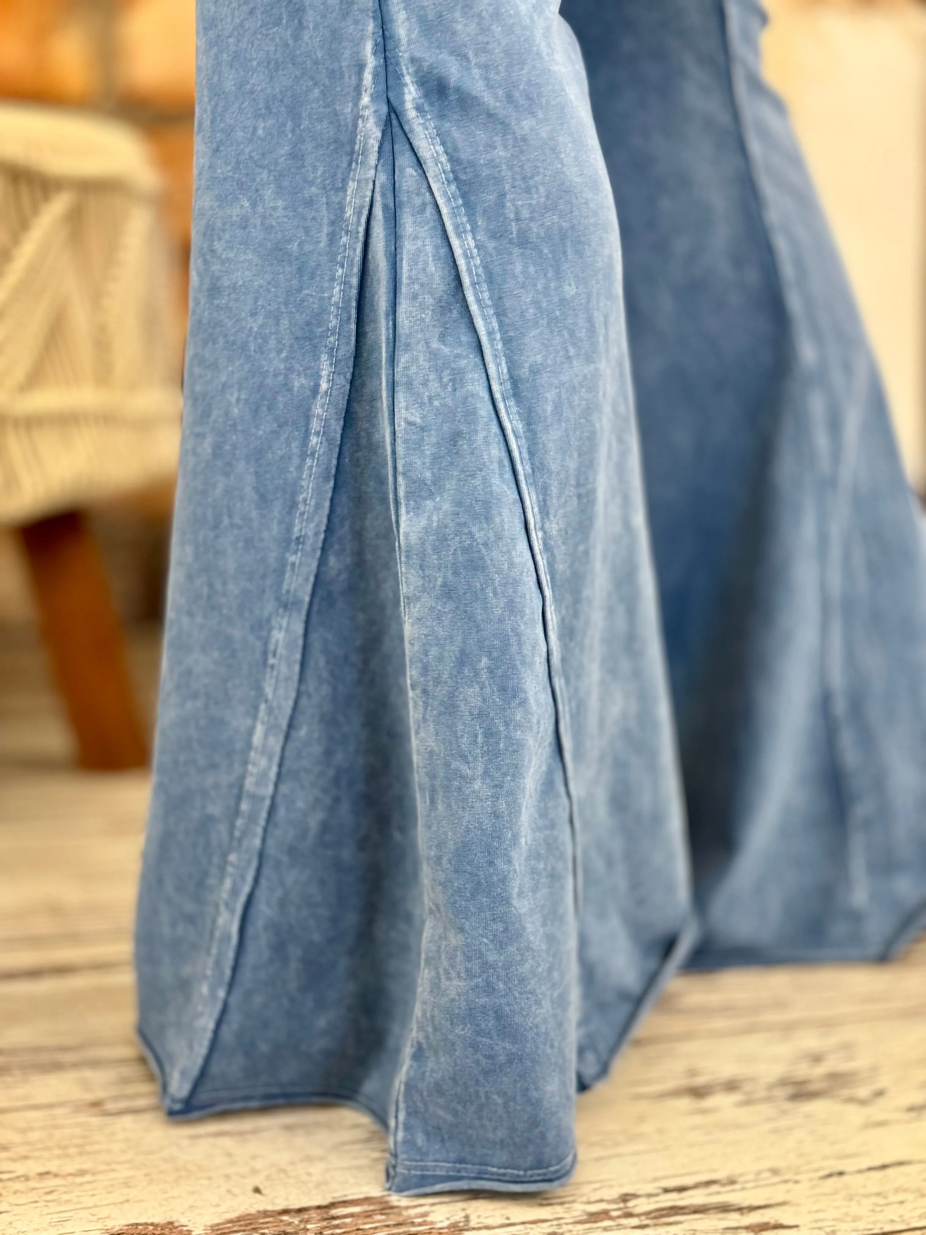 Washed Side Panel Flare Bell Bottom Pants in Light Denim