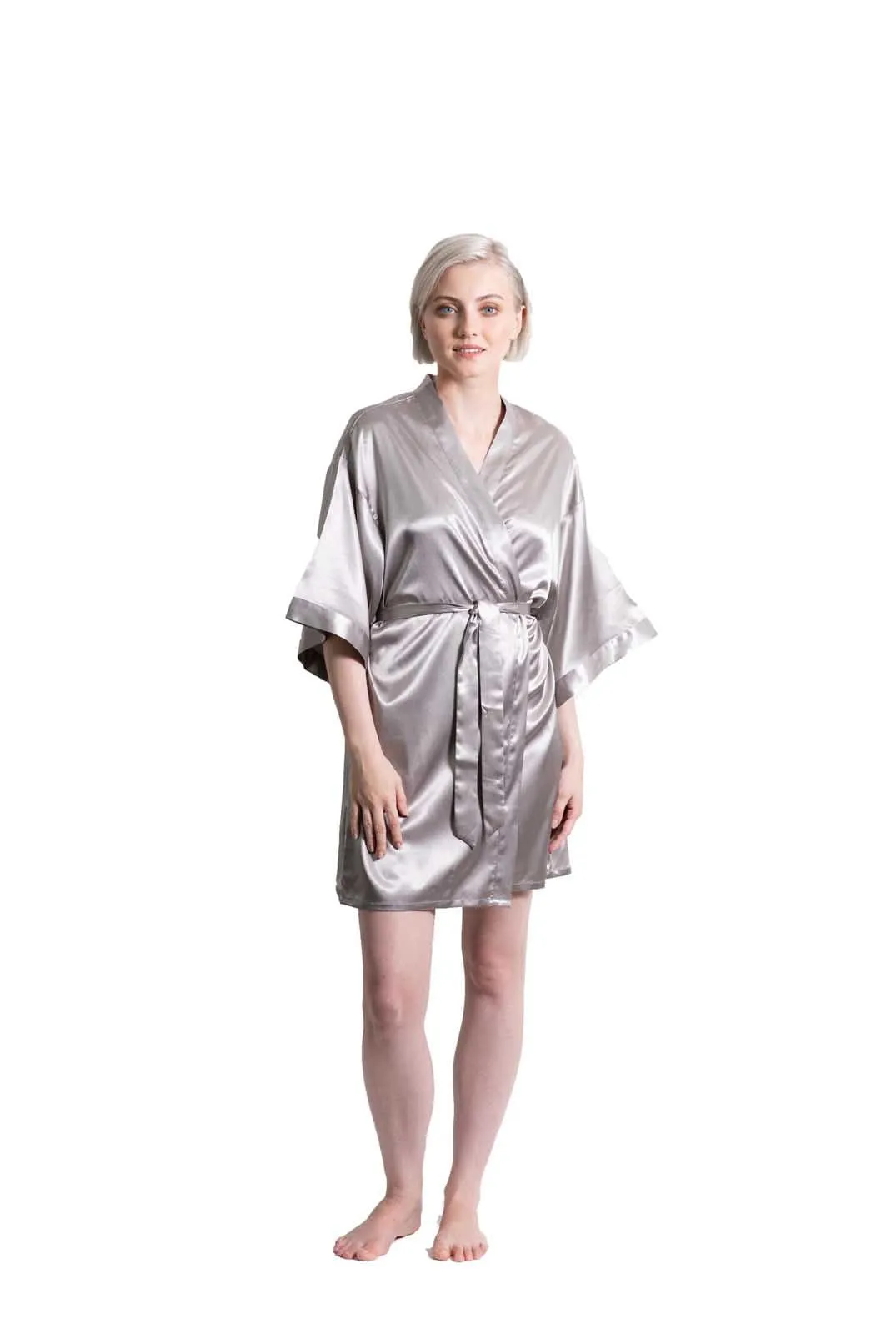 Woman’s Classic Satin Kimono Short Robe, Luxury & Lightweight, Comfortable Robe, (Grey)