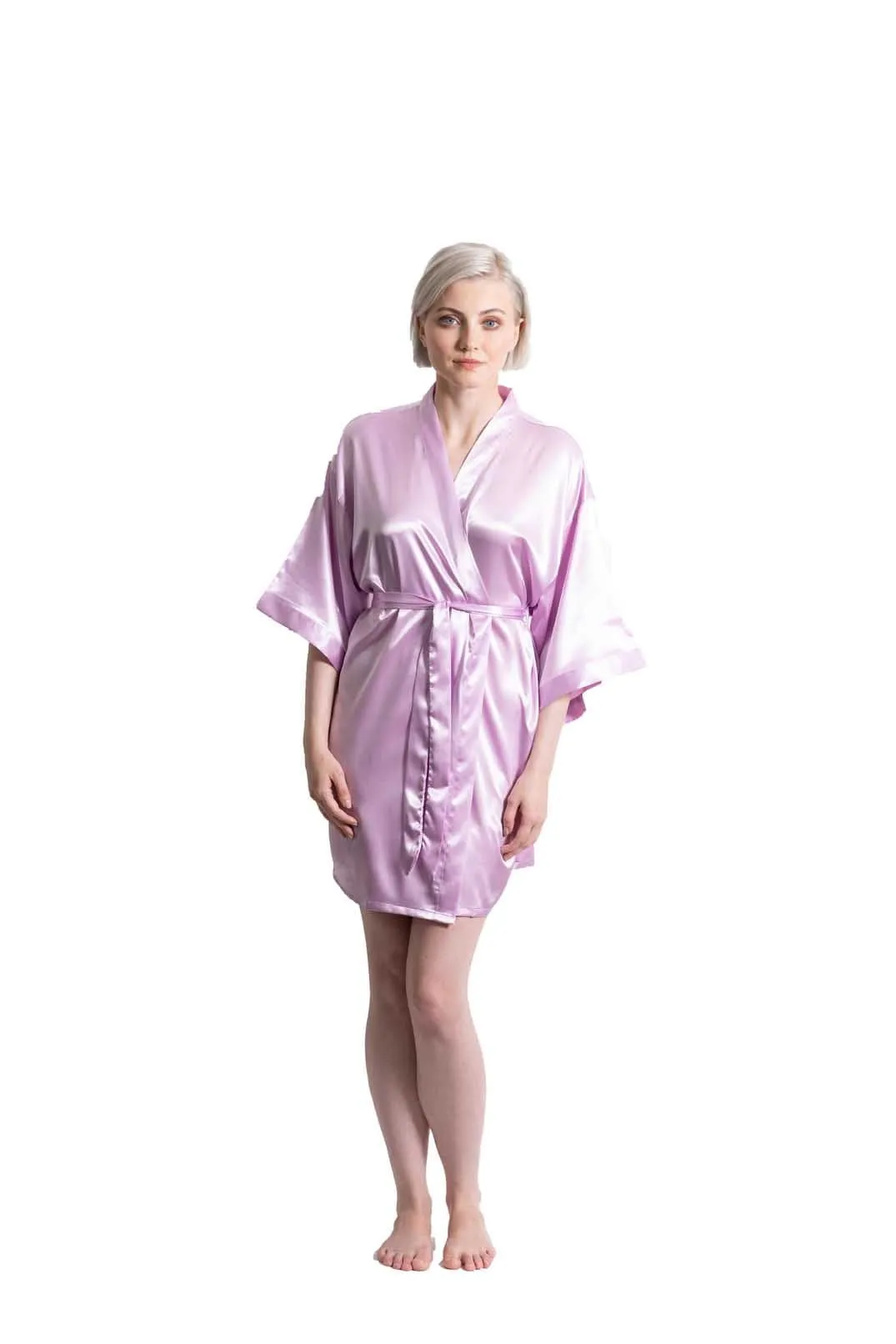 Woman’s Satin Kimono Short Robe, Luxury & Lightweight, Comfortable Robe, (Lavender)