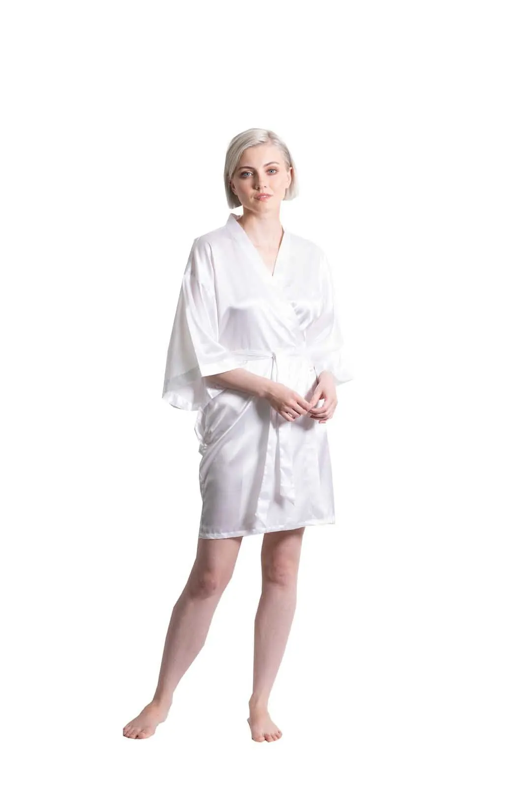 Woman’s Satin Kimono Short Robe, Luxury & Lightweight, Comfortable Robe, (White)