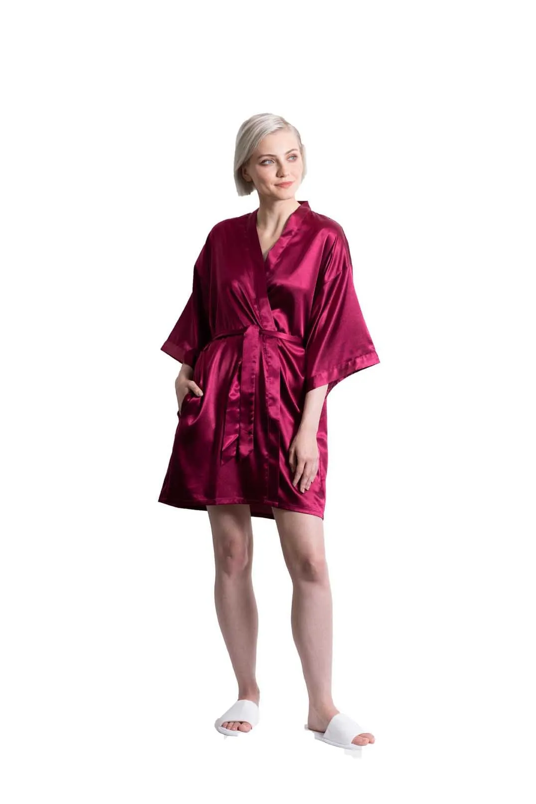 Woman’s Satin Kimono Short Robe, Luxury & Lightweight, Comfortable Robe, (Wine Red)