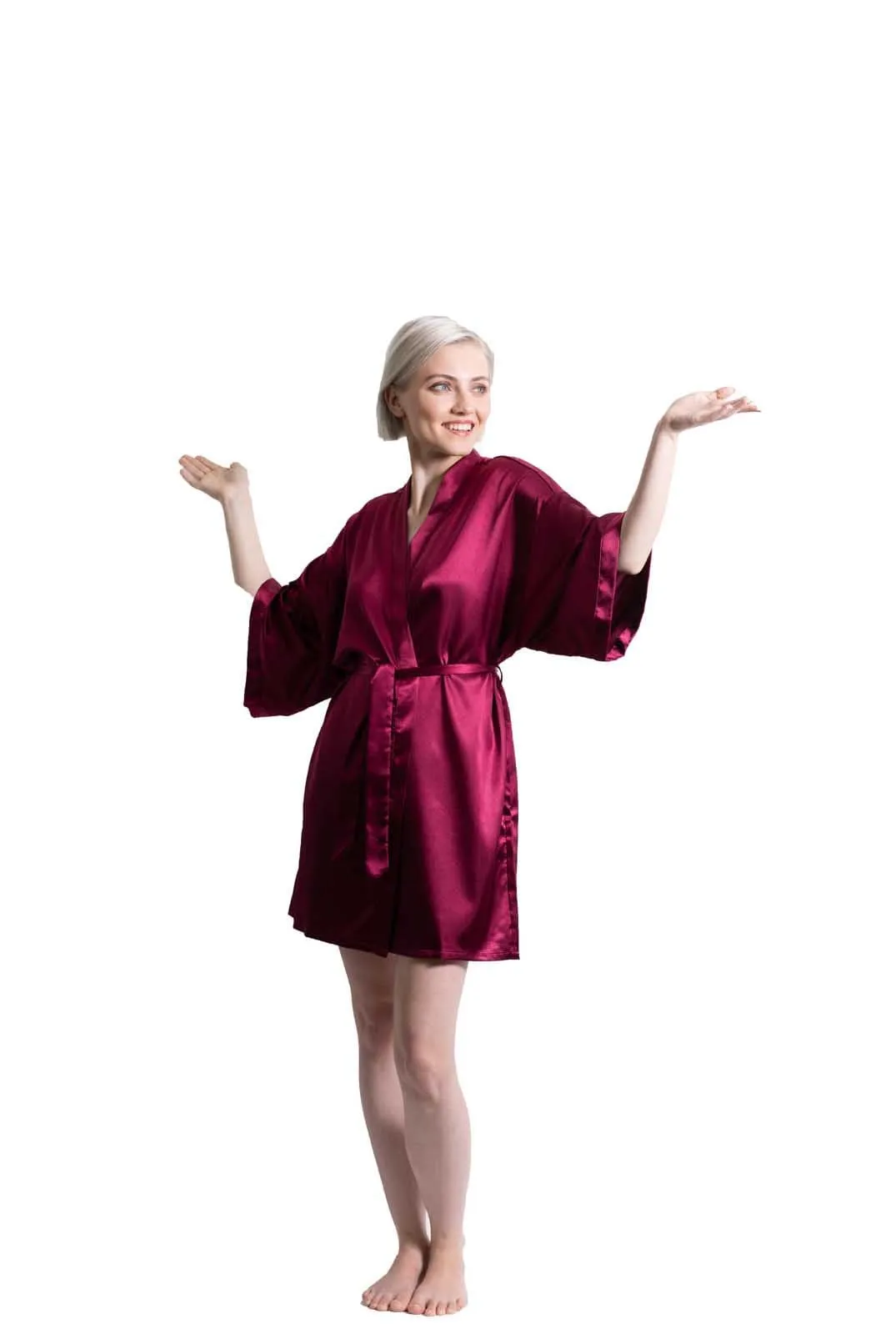 Woman’s Satin Kimono Short Robe, Luxury & Lightweight, Comfortable Robe, (Wine Red)