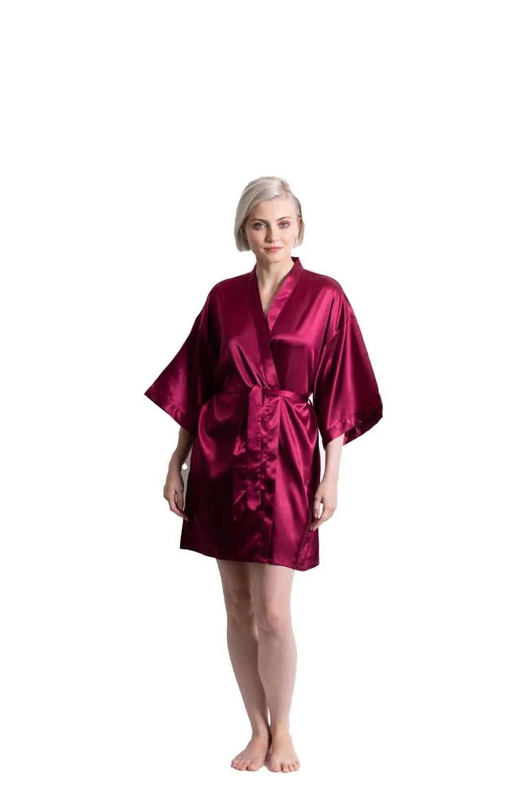 Woman’s Satin Kimono Short Robe, Luxury & Lightweight, Comfortable Robe, (Wine Red)