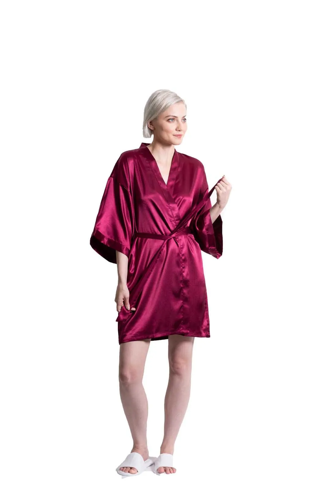 Woman’s Satin Kimono Short Robe, Luxury & Lightweight, Comfortable Robe, (Wine Red)