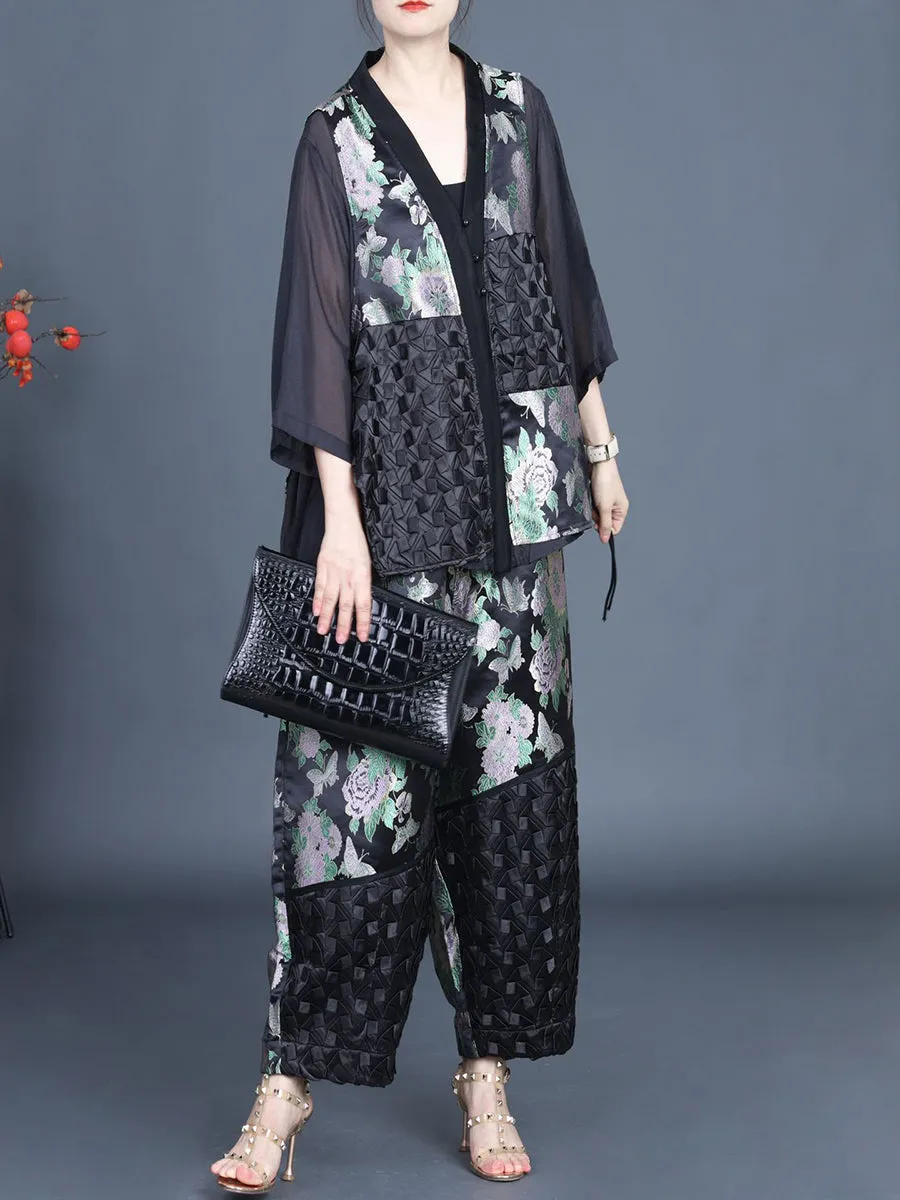 Women Summer Ethnic Flower Spliced Shirt Pants KL1015