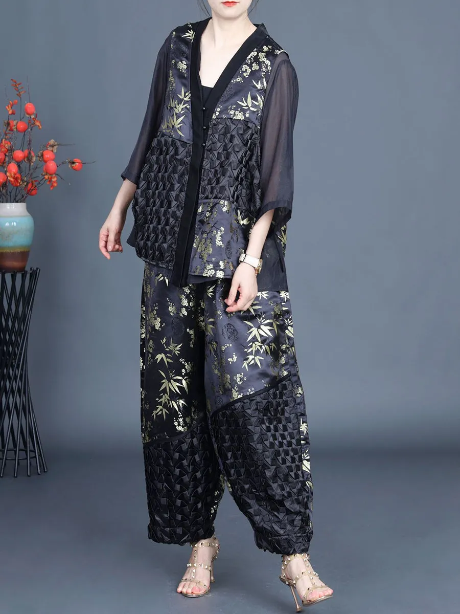 Women Summer Ethnic Flower Spliced Shirt Pants KL1015