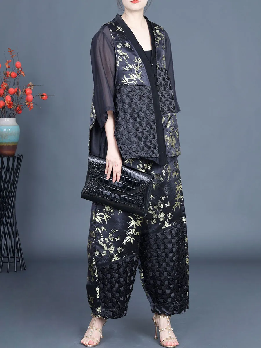 Women Summer Ethnic Flower Spliced Shirt Pants KL1015