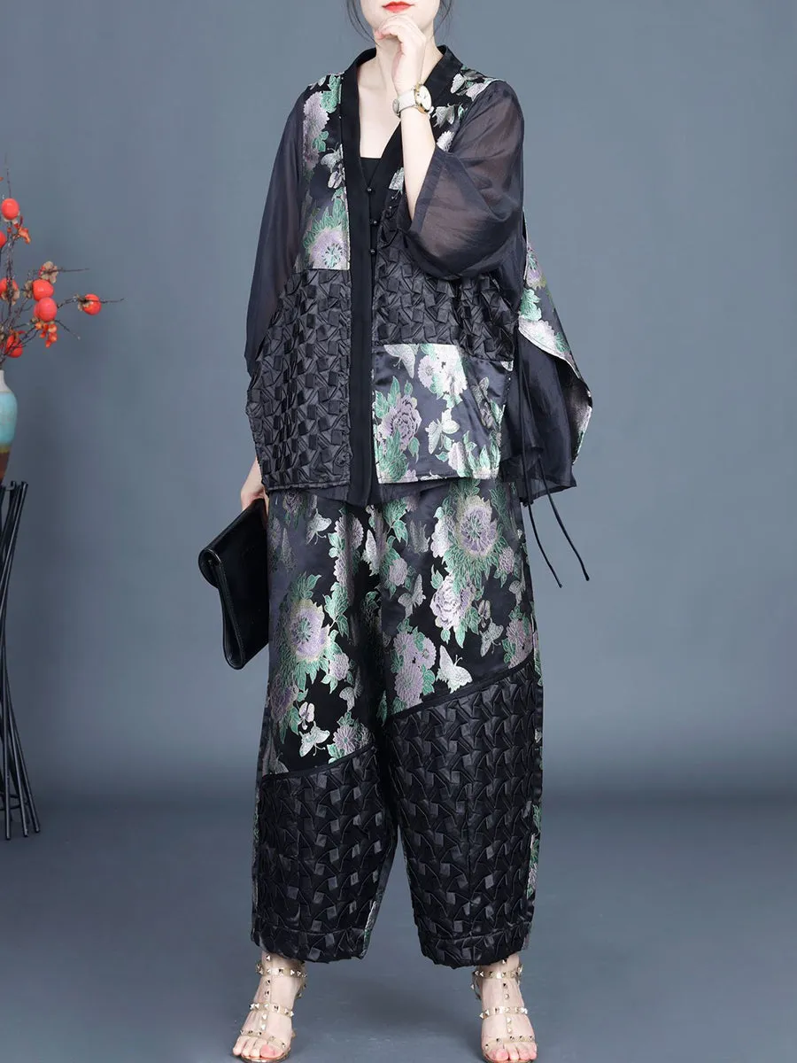 Women Summer Ethnic Flower Spliced Shirt Pants KL1015