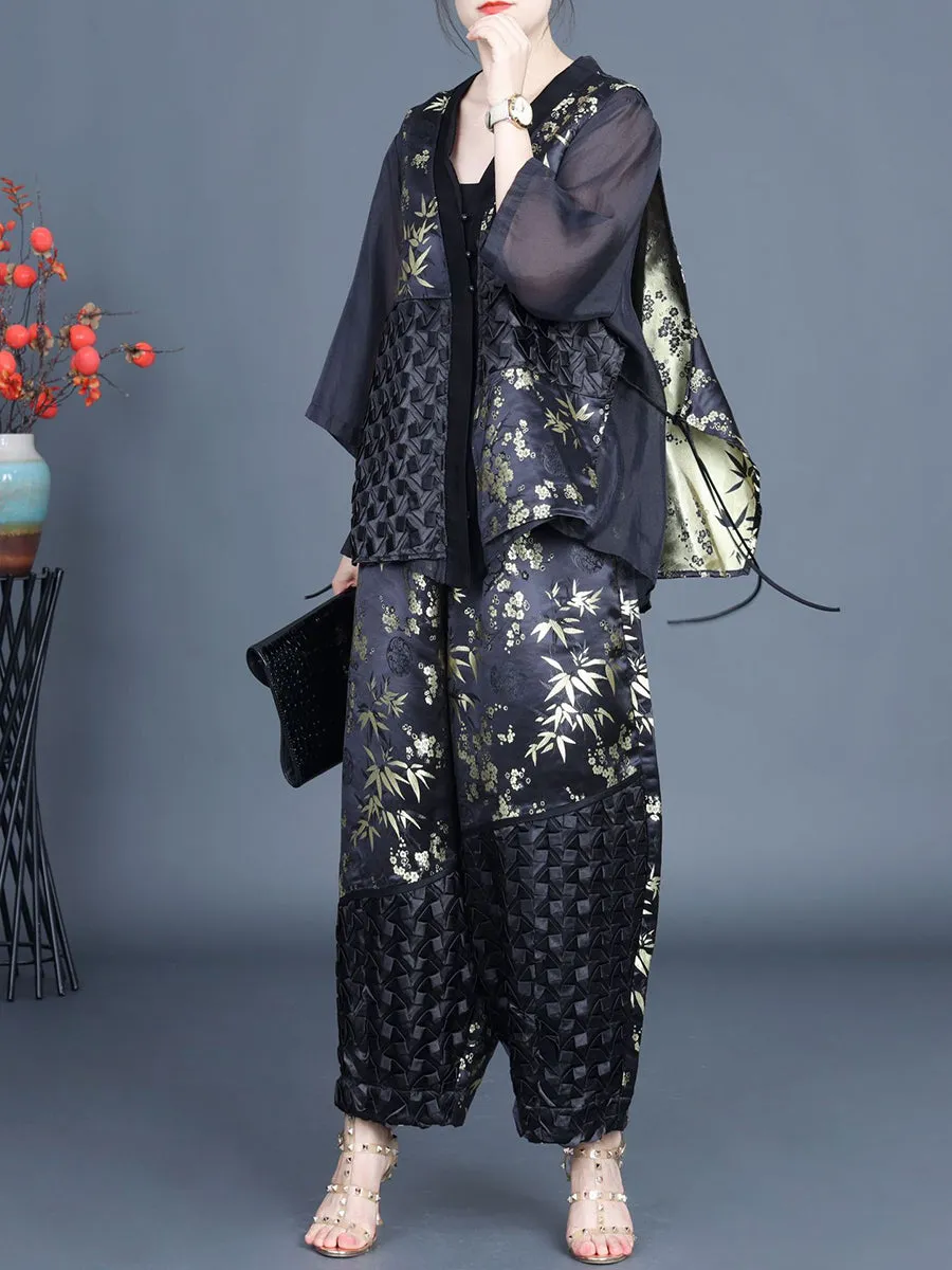 Women Summer Ethnic Flower Spliced Shirt Pants KL1015