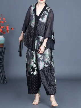 Women Summer Ethnic Flower Spliced Shirt Pants KL1015