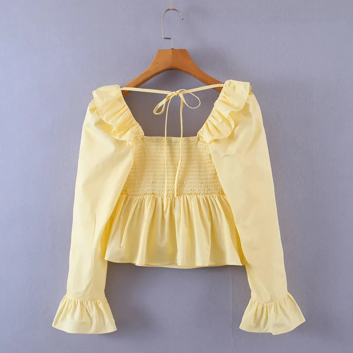 Women Vintage-Inspired Peasant Top - Ruffled Square Neck Blouse