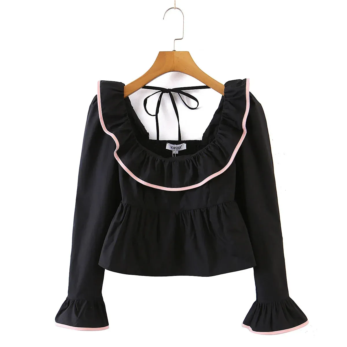 Women Vintage-Inspired Peasant Top - Ruffled Square Neck Blouse