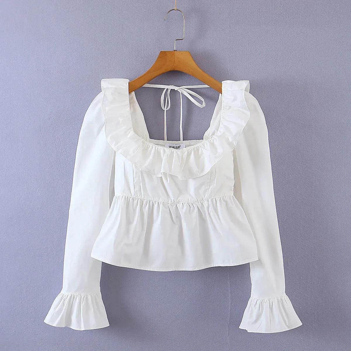 Women Vintage-Inspired Peasant Top - Ruffled Square Neck Blouse