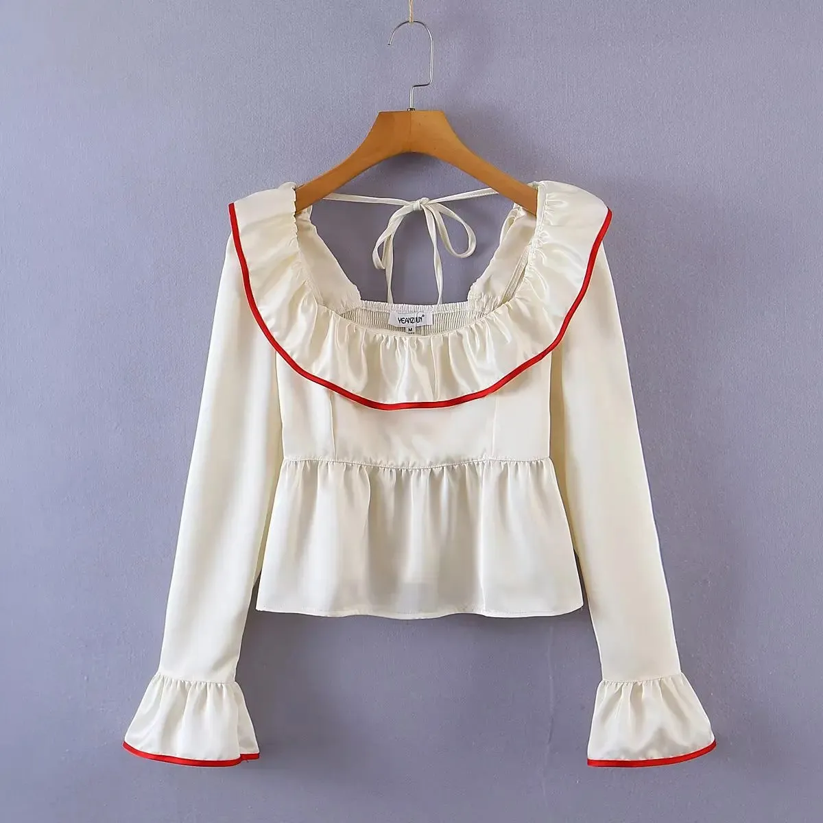 Women Vintage-Inspired Peasant Top - Ruffled Square Neck Blouse