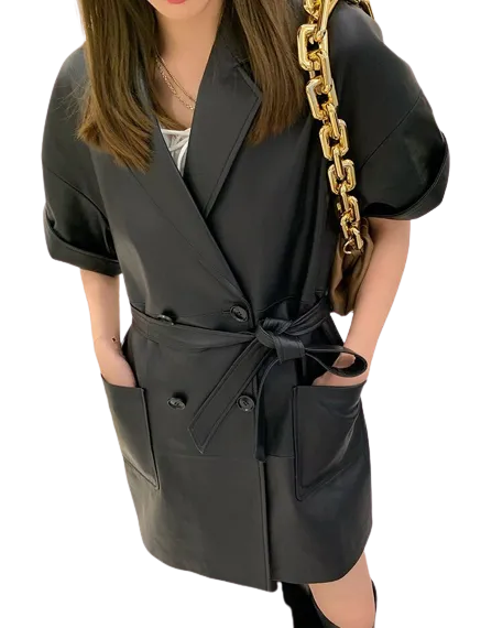 Womens Oaklynn Genuine Lambskin Leather Long Trench Coat