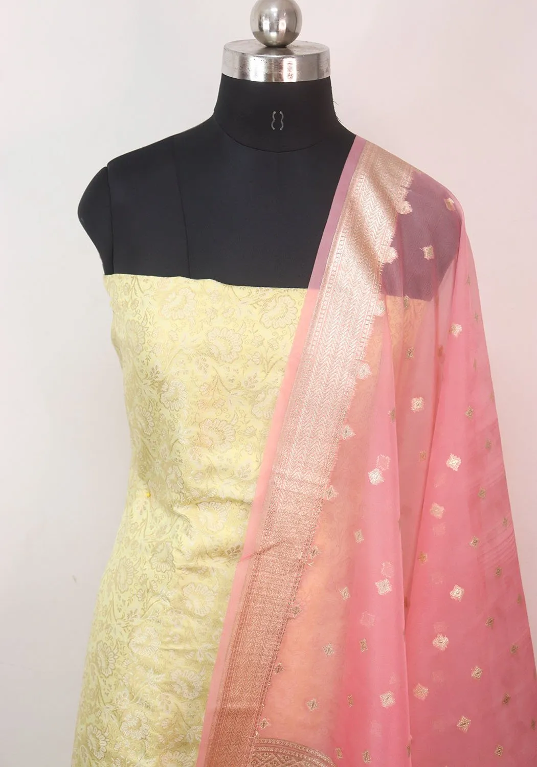 Yellow Banarasi Brocade Silk Suit With Pink Banarasi Organza Dupatta