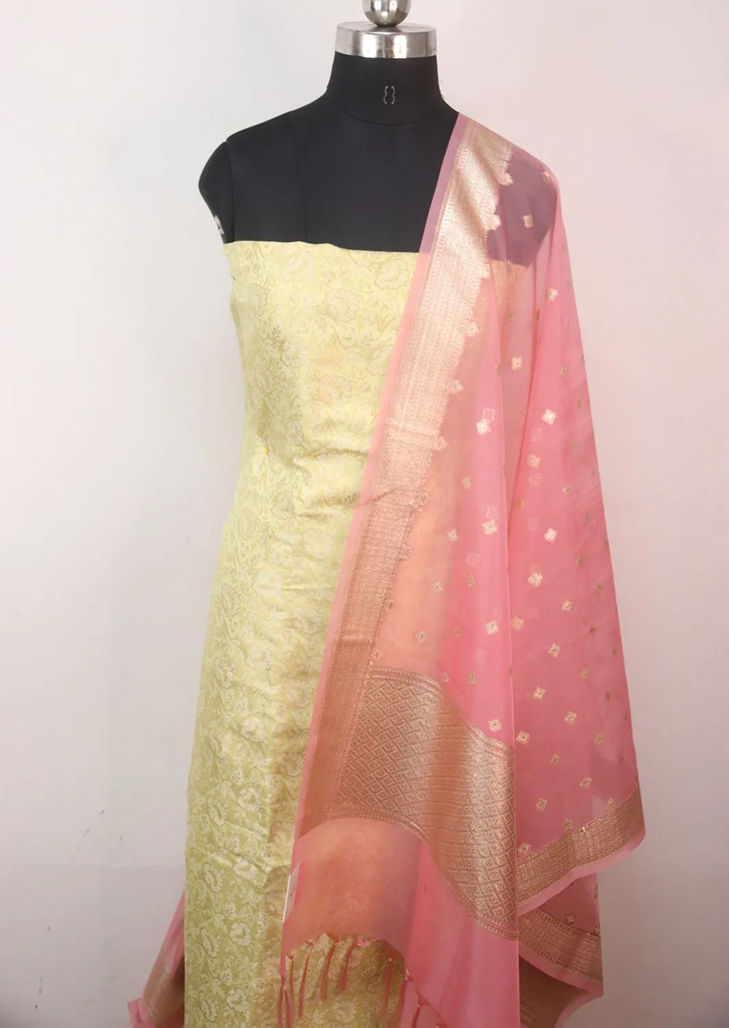 Yellow Banarasi Brocade Silk Suit With Pink Banarasi Organza Dupatta