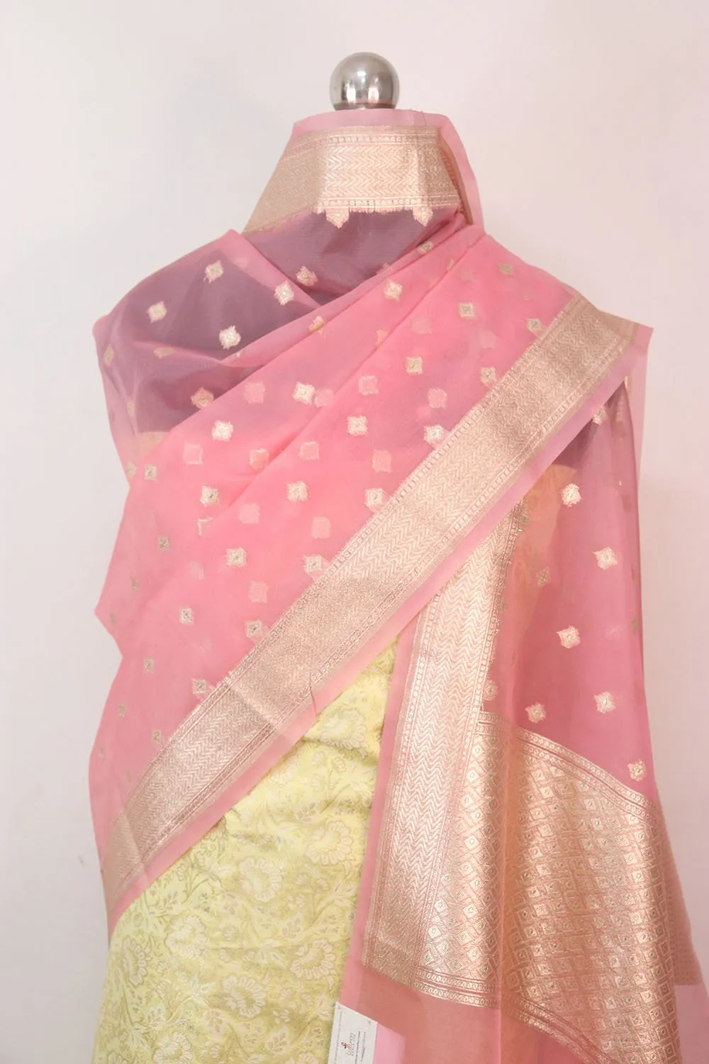 Yellow Banarasi Brocade Silk Suit With Pink Banarasi Organza Dupatta