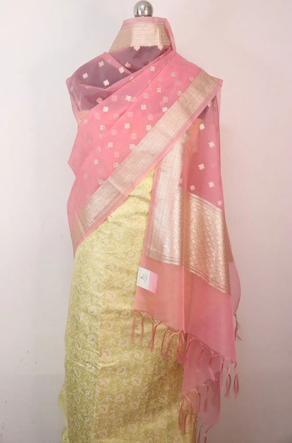 Yellow Banarasi Brocade Silk Suit With Pink Banarasi Organza Dupatta